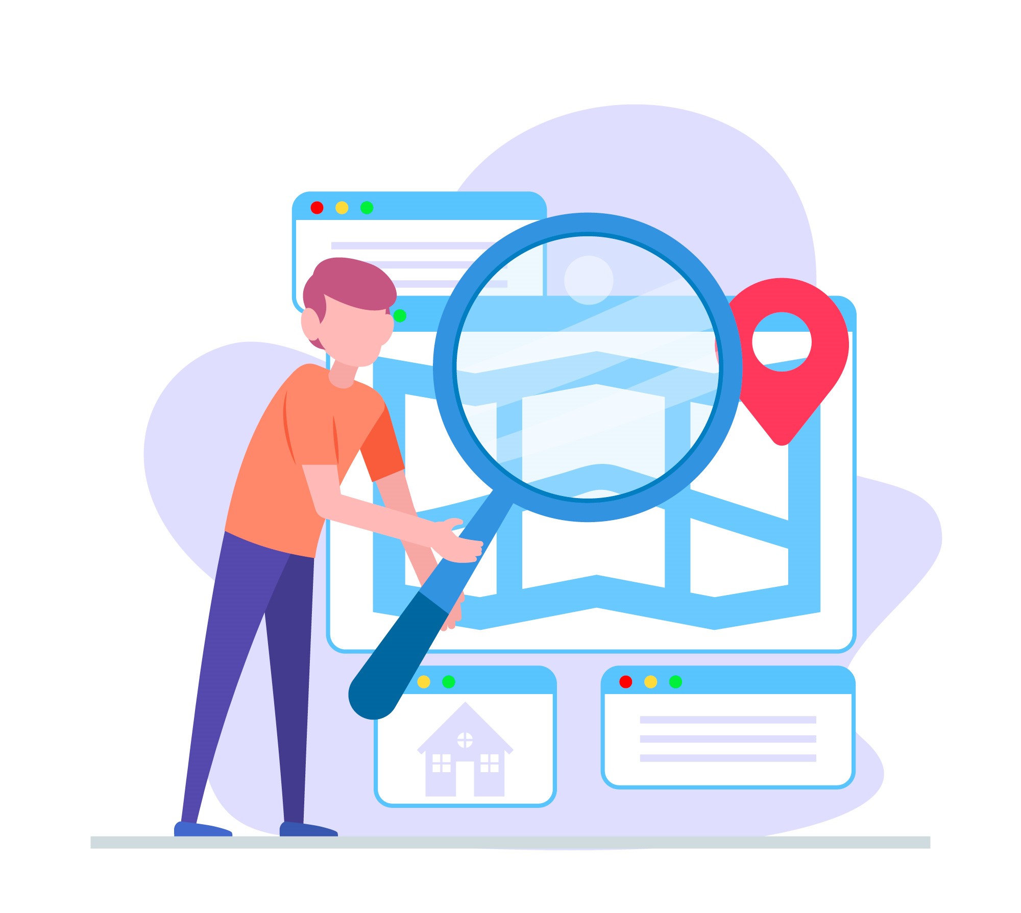 Animated figure using a magnifying glass to search, representing the process of finding and optimizing Google My Business.